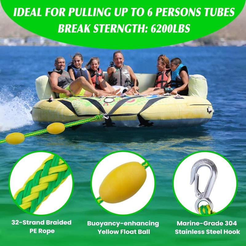 SETYPARY 60FT Floating Boat Tow Rope for Tubing, Fits 1-6 Person Towable Tubes, Heavy-Duty Boat Tube Rope with 9pcs Yellow Floats and Stainless Steel Hook for Watersports - Image 2